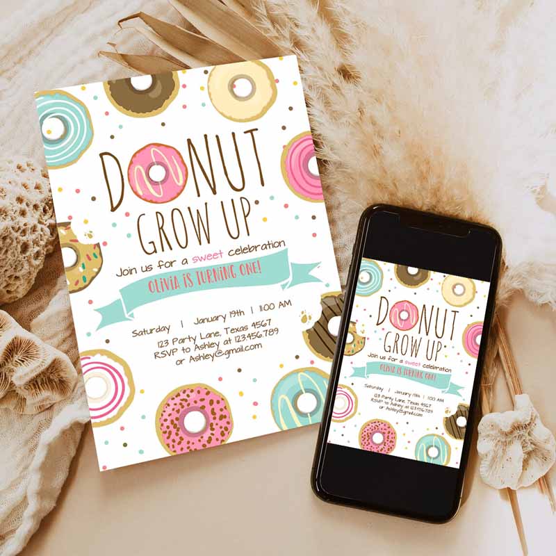 Donut Grow Up Kids Birthday Invitation, First Kids Birthday Party, Pink Girl Doughnut Sweet