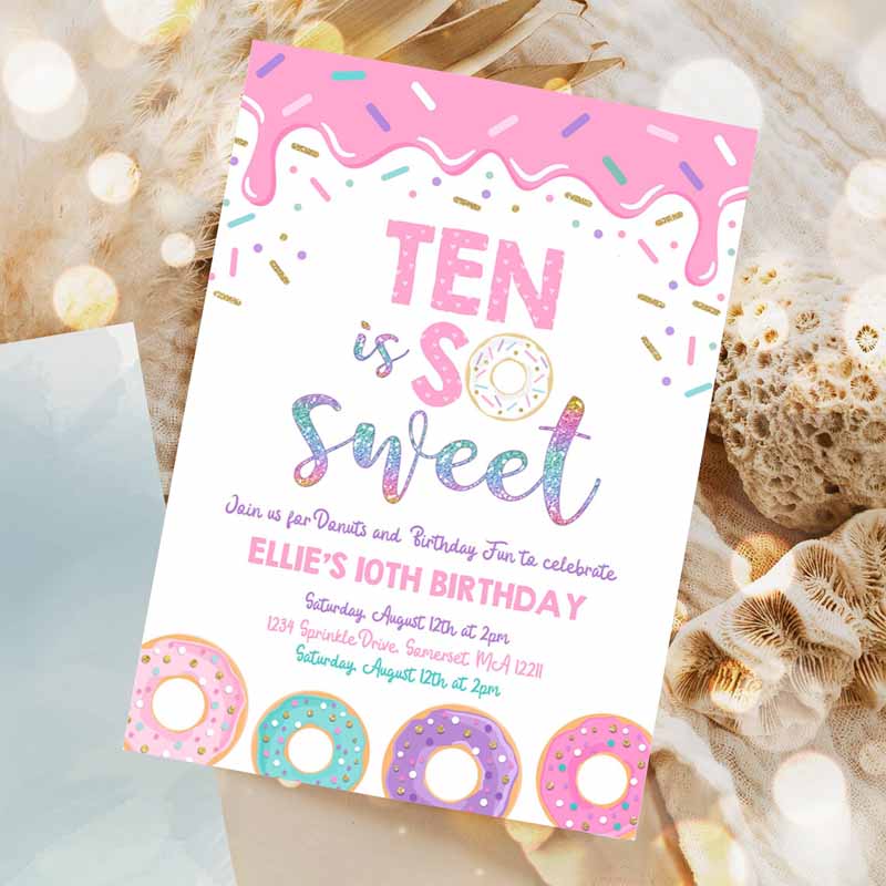 Donut Ten Is Sweet Kids Birthday Invitation, Girl Donut Kids Birthday Party, Pink Donut Kids Birthday