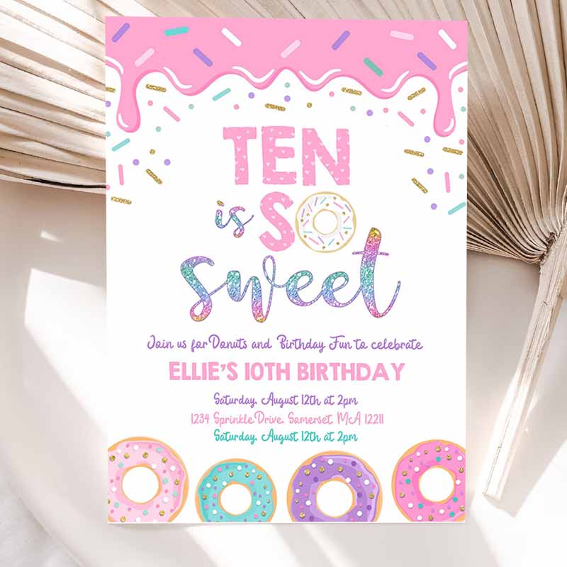 Donut Ten Is Sweet Kids Birthday Invitation, Girl Donut Kids Birthday Party, Pink Donut Kids Birthday Party