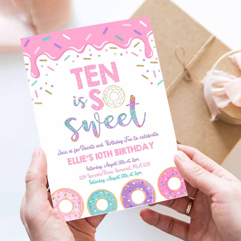 Donut Ten Is Sweet Kids Birthday Invitation, Girl Donut Kids Birthday Party, Pink Donut Kids Birthday Party