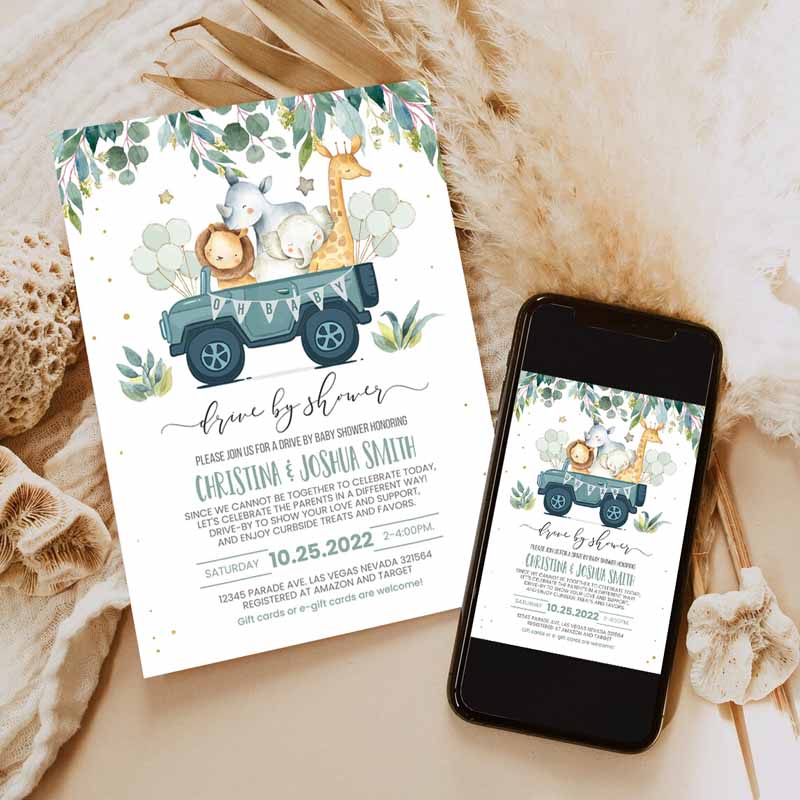 Drive By Baby Shower Invitation, Safari Animal Driverough Baby Shower Invite Social Distancing Driveru Shower Invitation