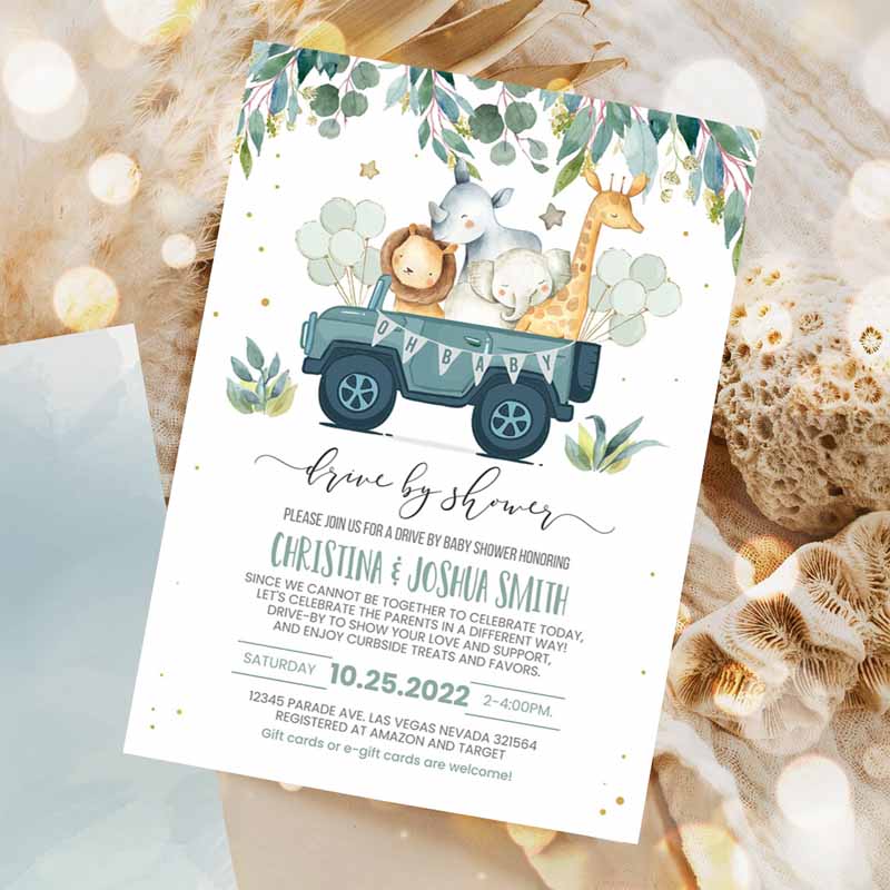 Drive By Baby Shower Invitation, Safari Animal Driverough Baby Shower Invite Social Distancing Driveru Shower