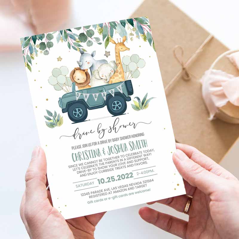 Drive By Baby Shower Invitation, Safari Animal Driverough Baby Shower Invite Social Distancing Driveru Shower