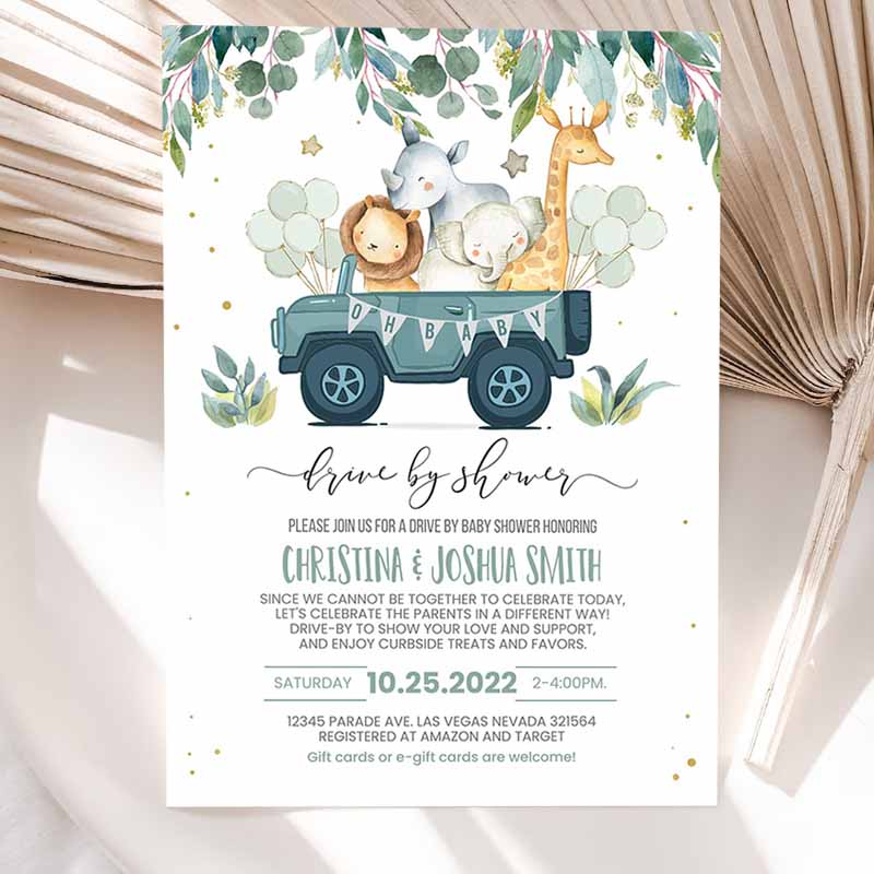 Drive By Baby Shower Invitation, Safari Animal Driverough Baby Shower Invite Social Distancing Driveru Shower