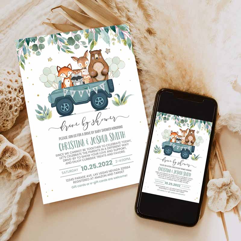 Drive By Baby Shower Invitation, Woodland Animal Driverough Shower Invite Social Distancing Driveru Gender Party