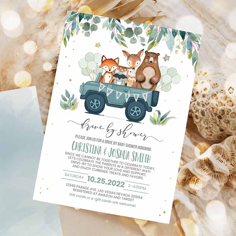 Drive By Baby Shower Invitation, Woodland Animal Driverough Shower Invite Social Distancing Driveru Gender Party