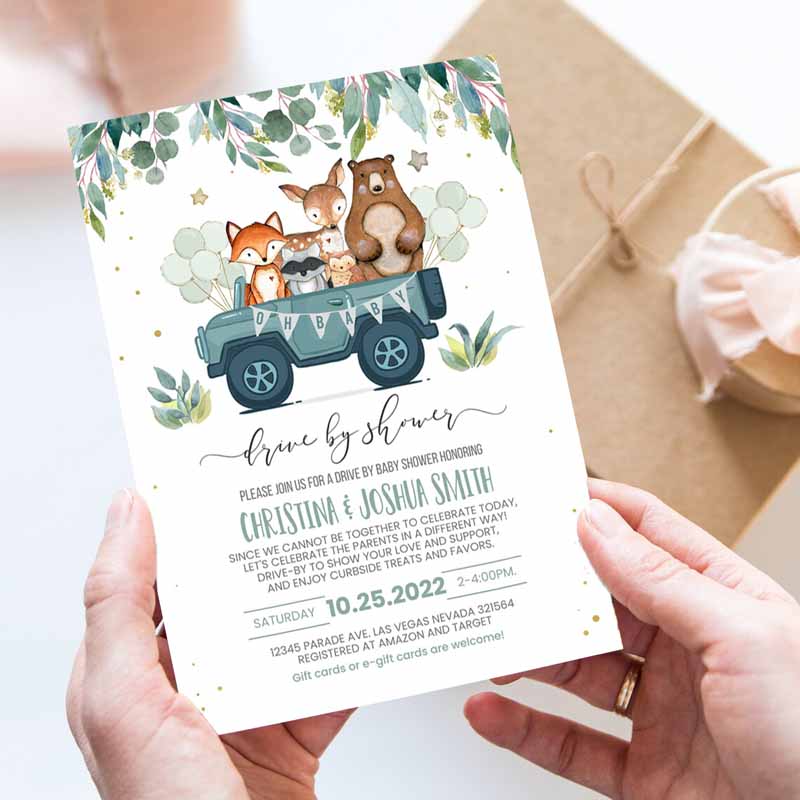 Drive By Baby Shower Invitation, Woodland Animal Driverough Shower Invite Social Distancing Driveru Gender Party