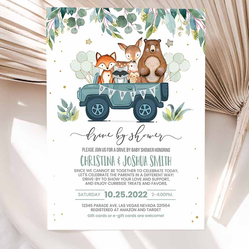 Drive By Baby Shower Invitation, Woodland Animal Driverough Shower Invite Social Distancing Driveru Gender Party