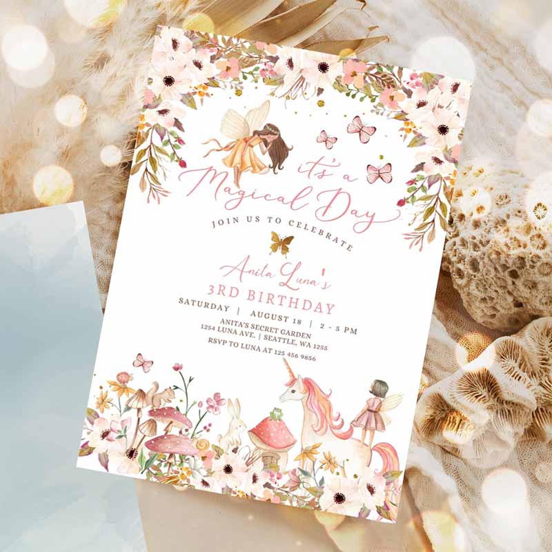 Enchanted Magical Unicorn Fairy Kids Birthday Invitation, Garden Forest Animals Floral Fairy Kids Birthday