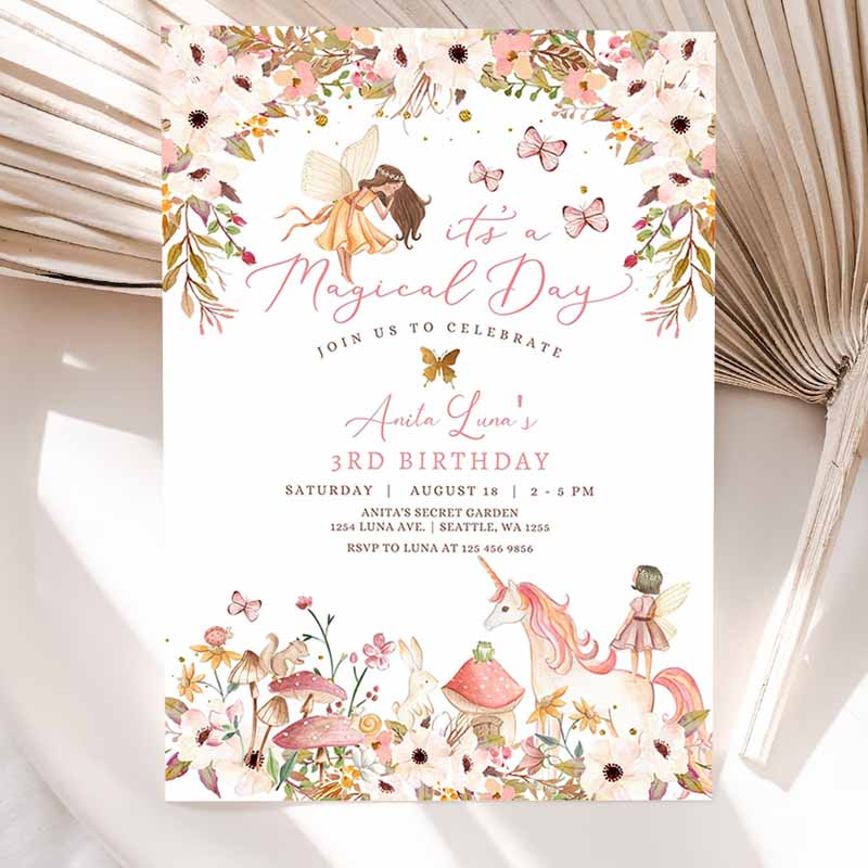 Enchanted Magical Unicorn Fairy Kids Birthday Invitation, Garden Forest Animals Floral Fairy Kids Birthday