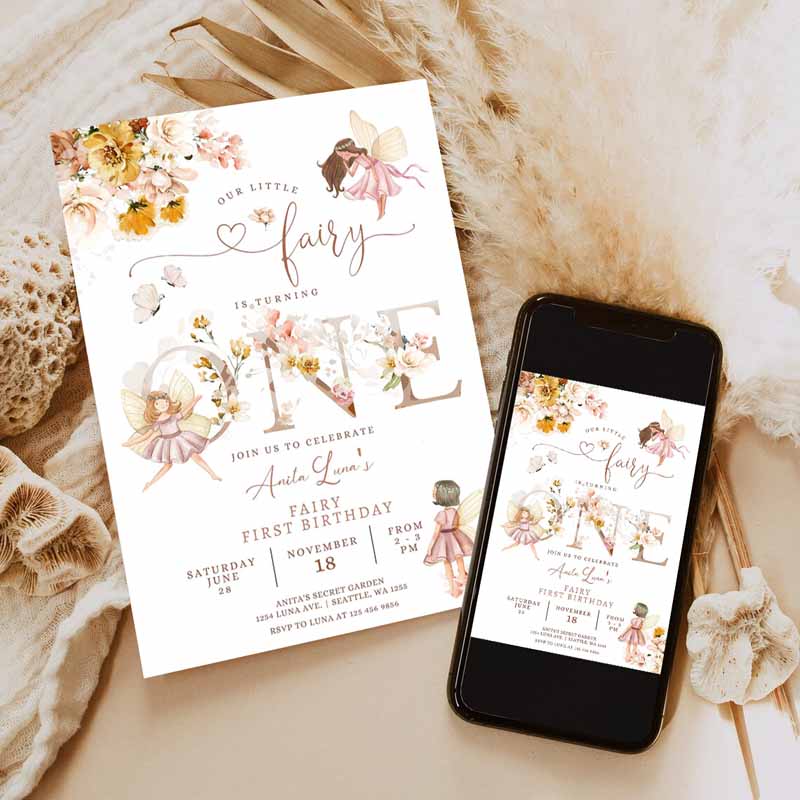 Fairy Kids Birthday Invitation, Butterfly Magical Wildflower Garden Fairy Floral Fairy Kids Birthday