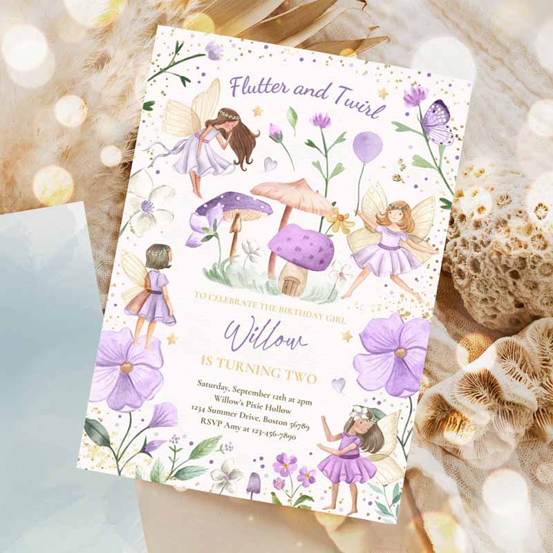 Fairy Kids Birthday Invitation, Whimsical Enchanted Pixie Fairy Party Floral Fairy Princess Party Invitation