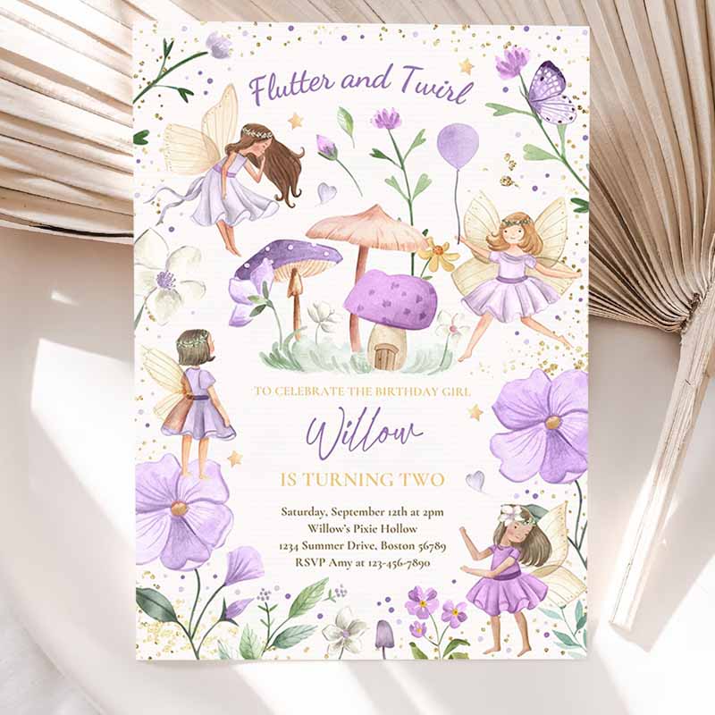 Fairy Kids Birthday Invitation, Whimsical Enchanted Pixie Fairy Party Floral Fairy Princess Party Invitation