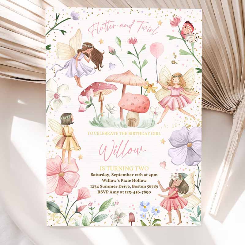 Fairy Kids Birthday Invitation, Whimsical Enchanted Pixie Fairy Party Floral Fairy Princess Party