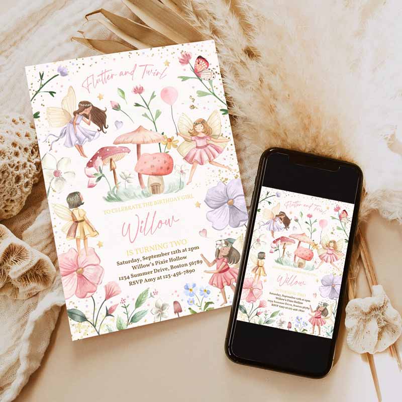 Fairy Kids Birthday Invitation, Whimsical Enchanted Pixie Fairy Party Floral Fairy Princess Party