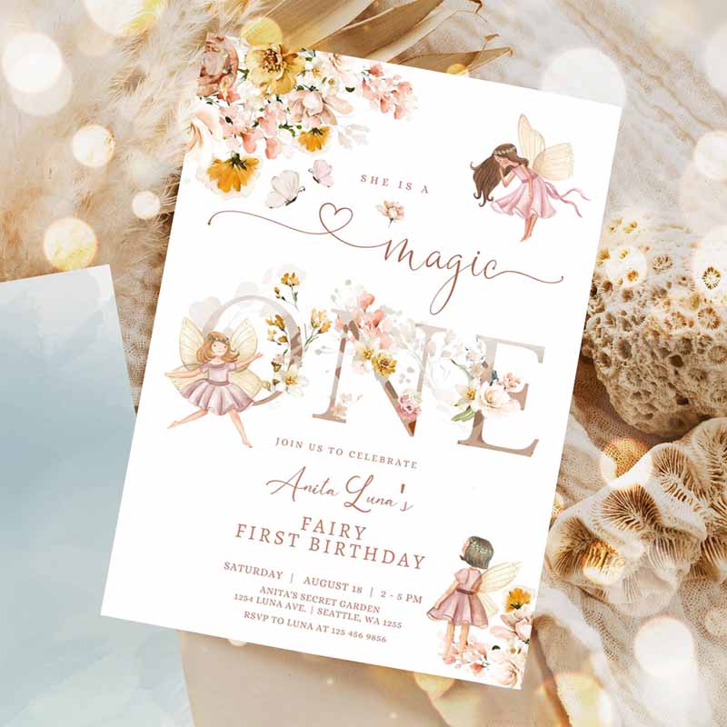 Fairy Magic ONE Kids Birthday Invitation, Butterfly Magical Wildflower Garden Fairy Fairy Kids Birthday