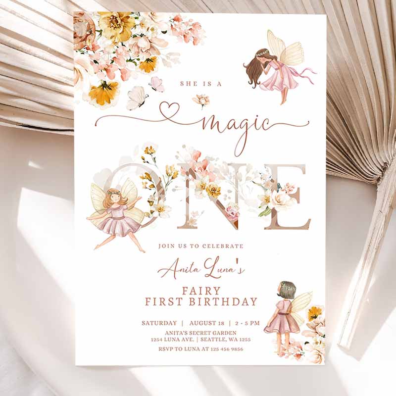 Fairy Magic ONE Kids Birthday Invitation, Butterfly Magical Wildflower Garden Fairy Fairy Kids Birthday