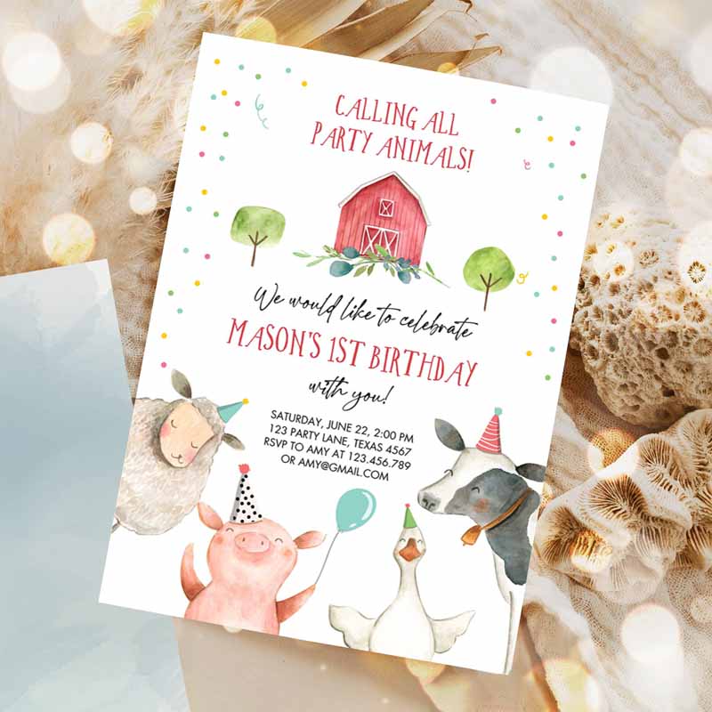 Farm Animals Kids Birthday Invitation, Boy Farm Barnyard First Kids Birthday Animals Confetti Party Invitation