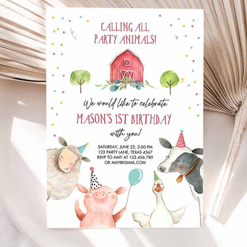 Farm Animals Kids Birthday Invitation, Boy Farm Barnyard First Kids Birthday Animals Confetti Party Invitation