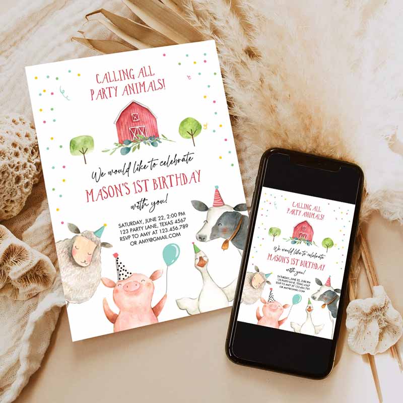 Farm Animals Kids Birthday Invitation, Boy Farm Barnyard First Kids Birthday Animals Confetti Party Invitation