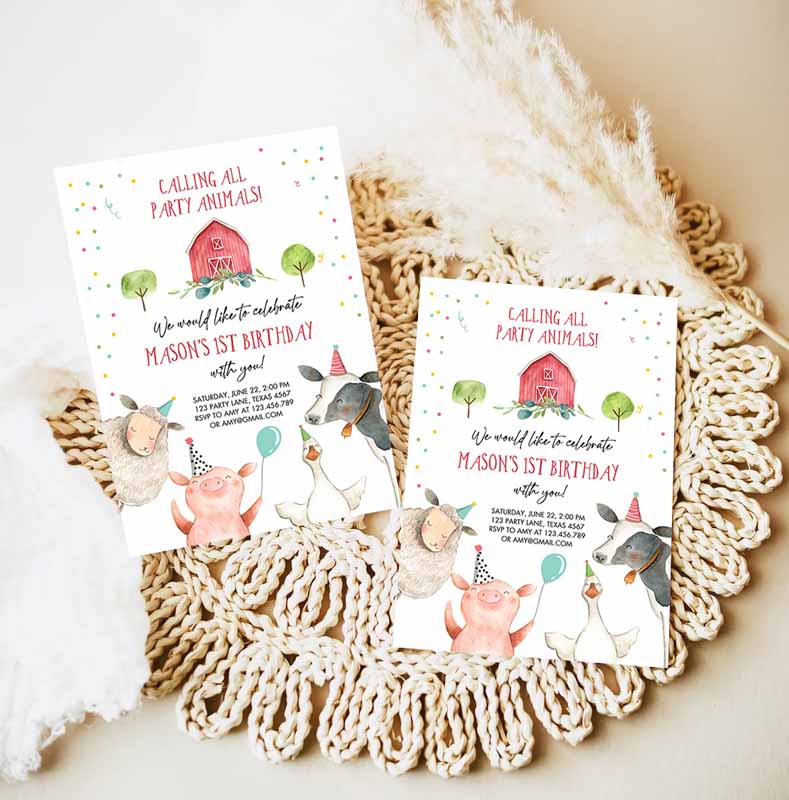 Farm Animals Kids Birthday Invitation, Boy Farm Barnyard First Kids Birthday Animals Confetti Party Invitation