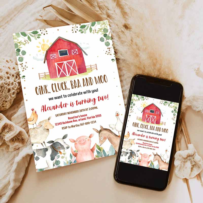 Farm Kids Birthday Invitation, Boy Barn Party, Digital Invite Farm Animals Barnyard Boy Invitations