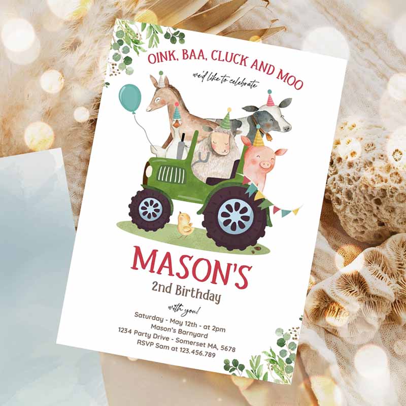 Farm Kids Birthday Invitation, Boy Farm Animals Kids Birthday Invitation, Boy Barnyard Kids Birthday Party, Green Tractor Party Invitation