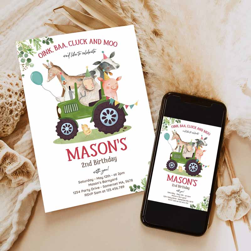 Farm Kids Birthday Invitation, Boy Farm Animals Kids Birthday Invitation, Boy Barnyard Kids Birthday Party, Green Tractor Party