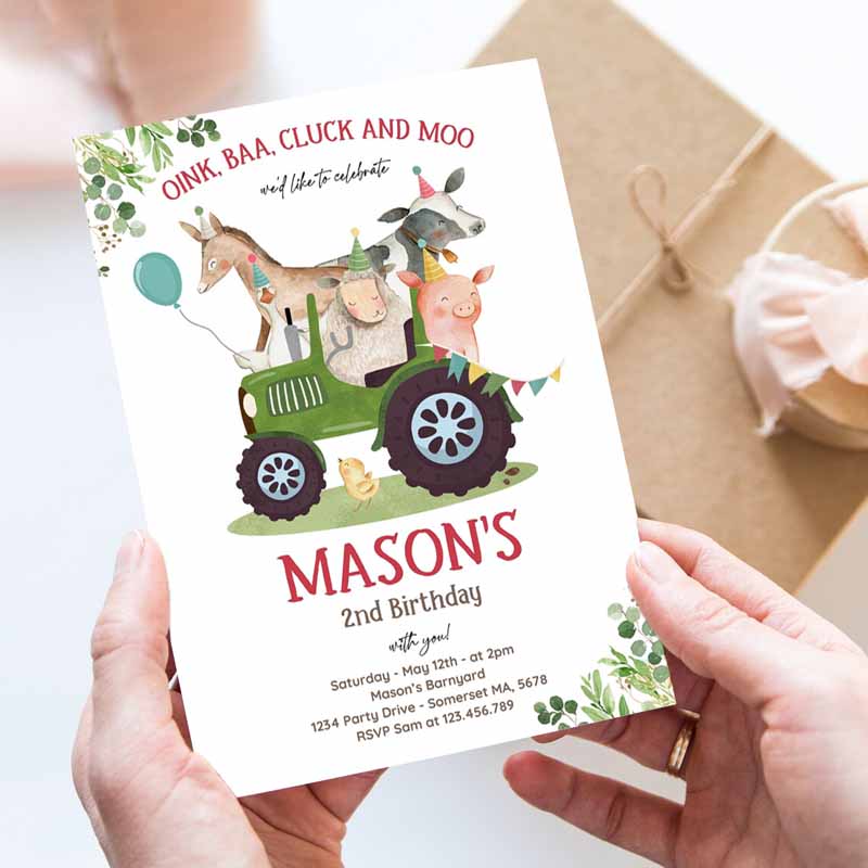 Farm Kids Birthday Invitation, Boy Farm Animals Kids Birthday Invitation, Boy Barnyard Kids Birthday Party, Green Tractor Party