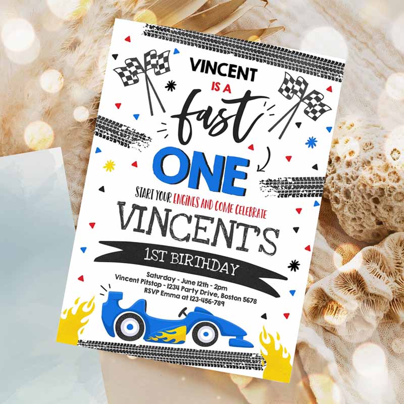 Fast One Kids Birthday Invitation, Fast One Boy Race Car Kids Birthday Party, Invite Fast One Blue Race Car Party Invitation