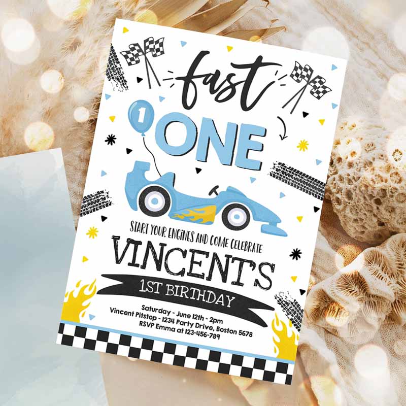 Fast One Kids Birthday Invitation, Fast One Boy Race Car Kids Birthday Party, Invite Fast One Blue Race Car Party