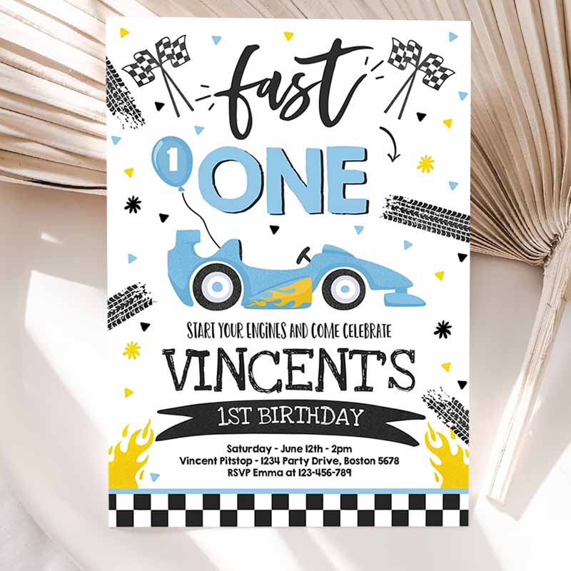 Fast One Kids Birthday Invitation, Fast One Boy Race Car Kids Birthday Party, Invite Fast One Blue Race Car Party