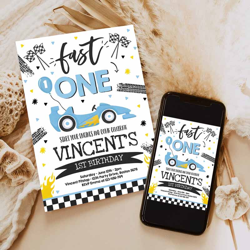 Fast One Kids Birthday Invitation, Fast One Boy Race Car Kids Birthday Party, Invite Fast One Blue Race Car Party