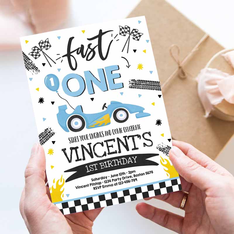 Fast One Kids Birthday Invitation, Fast One Boy Race Car Kids Birthday Party, Invite Fast One Blue Race Car Party