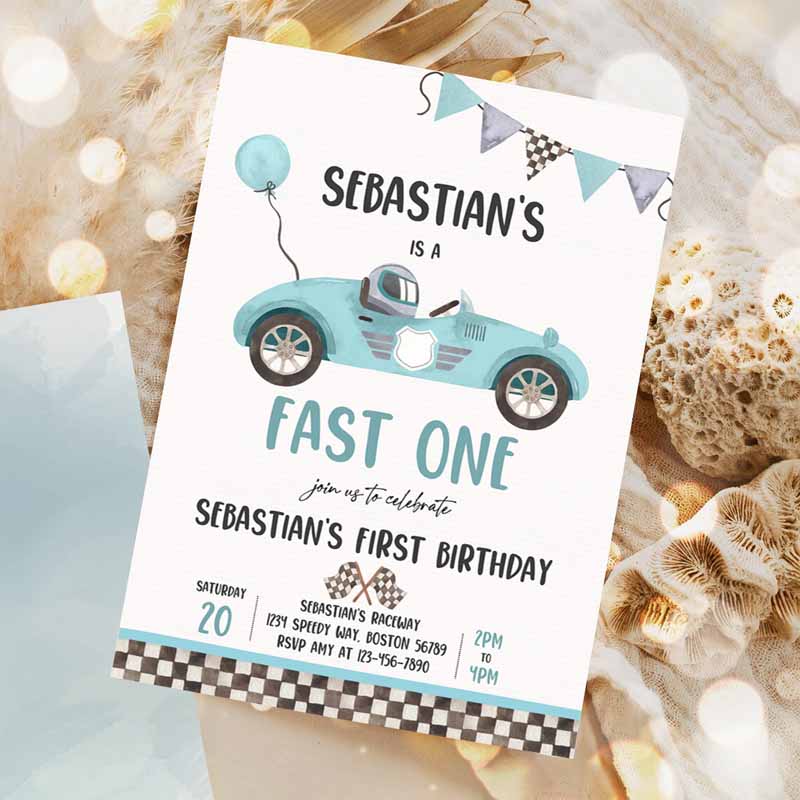 Fast One Race Car Kids Birthday Invitation, Race Car Fast One Kids Birthday, Boy Vintage Blue Race Car Kids Birthday