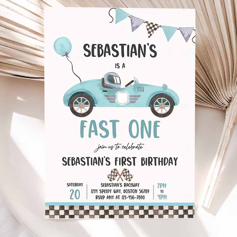 Fast One Race Car Kids Birthday Invitation, Race Car Fast One Kids Birthday, Boy Vintage Blue Race Car Kids Birthday