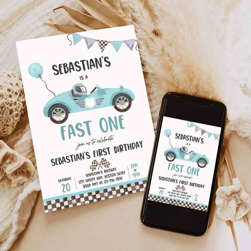 Fast One Race Car Kids Birthday Invitation, Race Car Fast One Kids Birthday, Boy Vintage Blue Race Car Kids Birthday