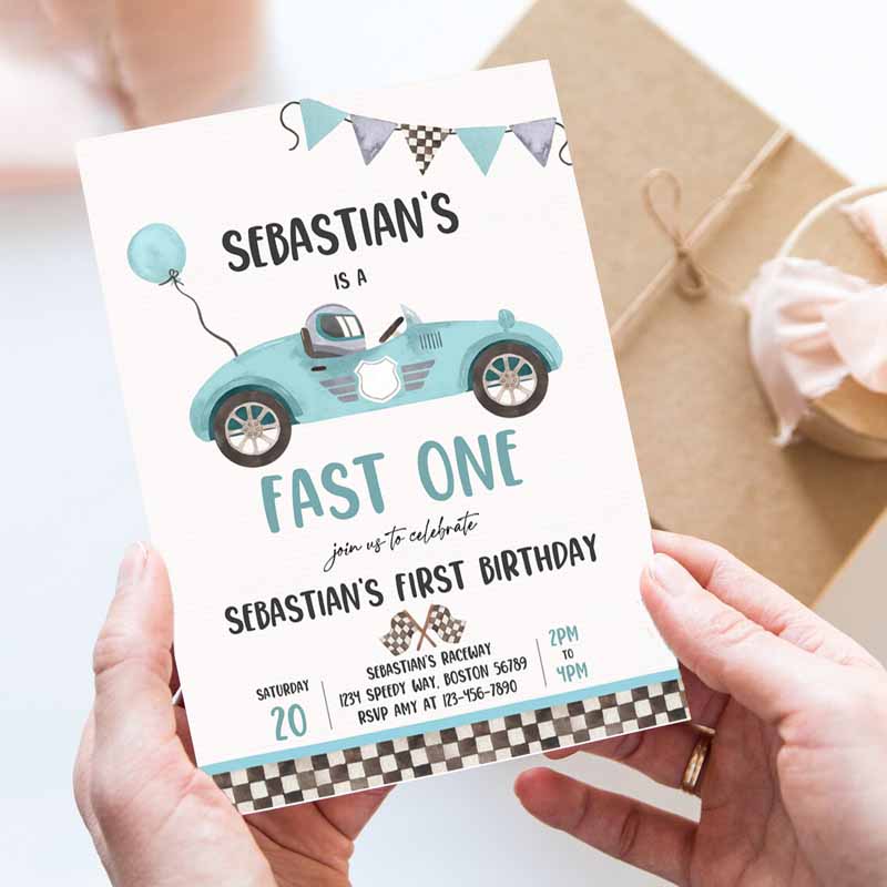 Fast One Race Car Kids Birthday Invitation, Race Car Fast One Kids Birthday, Boy Vintage Blue Race Car Kids Birthday