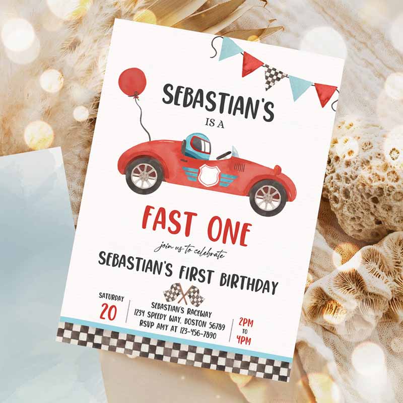 Fast One Race Car Kids Birthday Invitation, Race Car Fast One Kids Birthday, Boy Vintage Red Race Car Kids Birthday Party