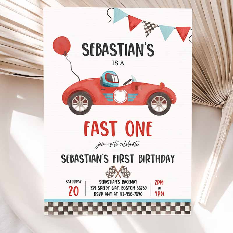 Fast One Race Car Kids Birthday Invitation, Race Car Fast One Kids Birthday, Boy Vintage Red Race Car Kids Birthday Party