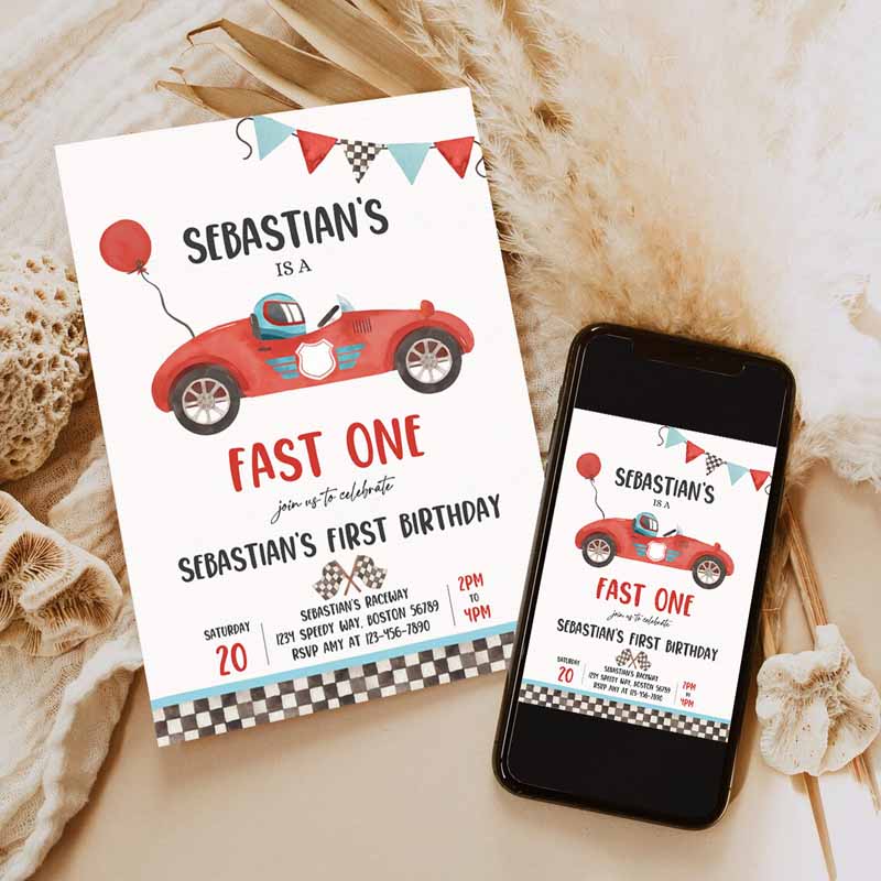 Fast One Race Car Kids Birthday Invitation, Race Car Fast One Kids Birthday, Boy Vintage Red Race Car Kids Birthday Party