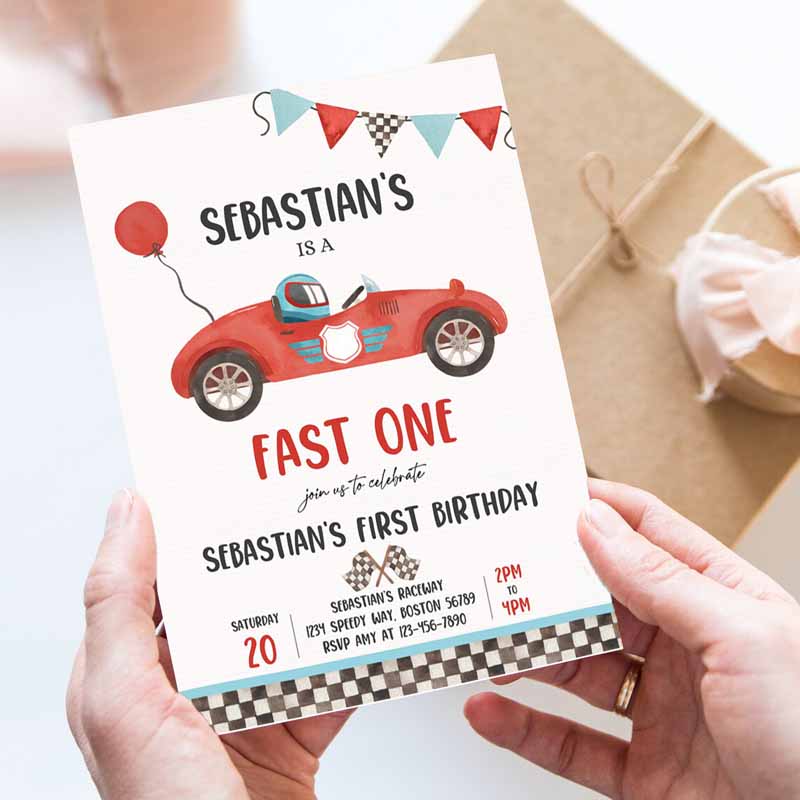 Fast One Race Car Kids Birthday Invitation, Race Car Fast One Kids Birthday, Boy Vintage Red Race Car Kids Birthday Party