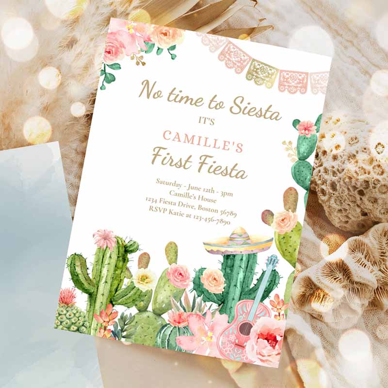 Fiesta Kids Birthday, No Time To Siesta Let's Fiesta Kids Birthday, Watercolor Cactus Mexican Party Invitation