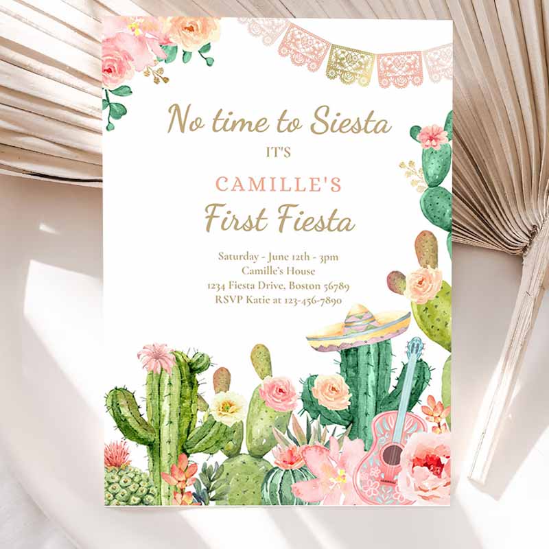 Fiesta Kids Birthday, No Time To Siesta Let's Fiesta Kids Birthday, Watercolor Cactus Mexican Party