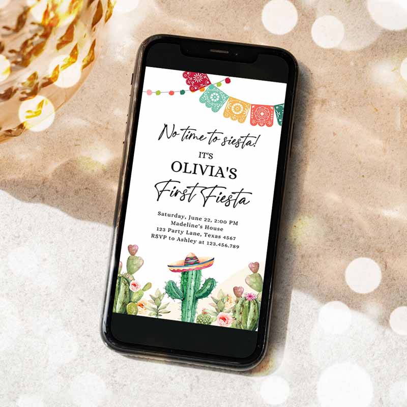 Fiesta Evite First Fiesta Kids Birthday Invitation, Phone Mexican Cactus Succulent Desert Floral