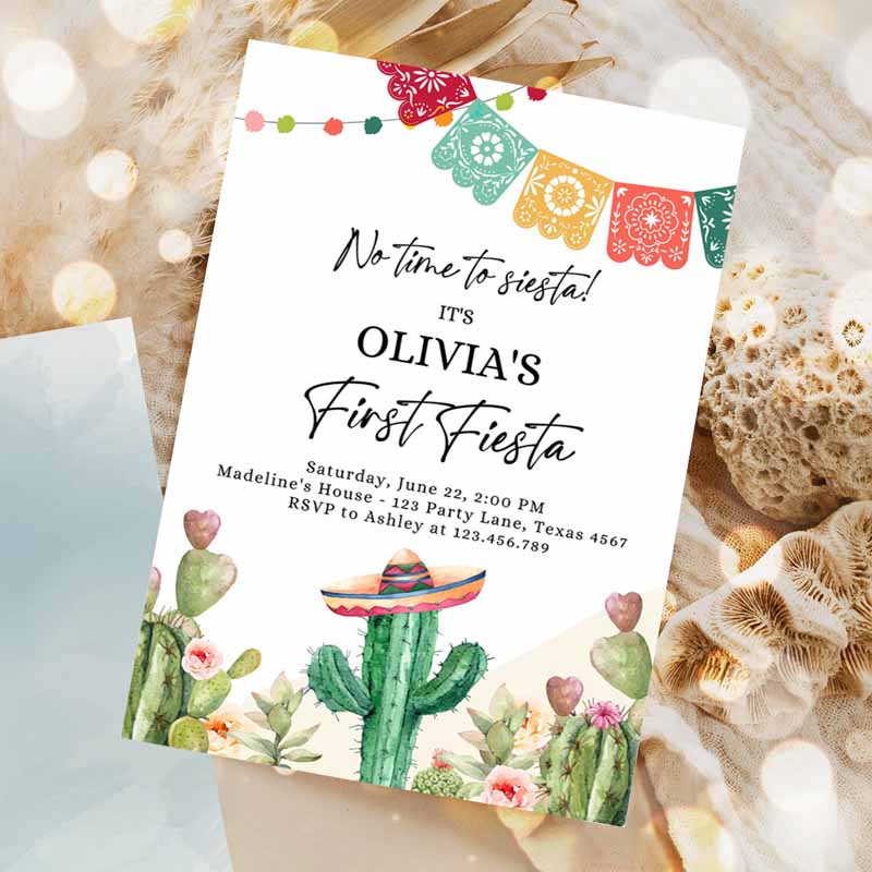 Fiesta Invitation, First Fiesta Kids Birthday, Mexican Cactus Succulent Desert Floral Girl Kids Printable Invitation