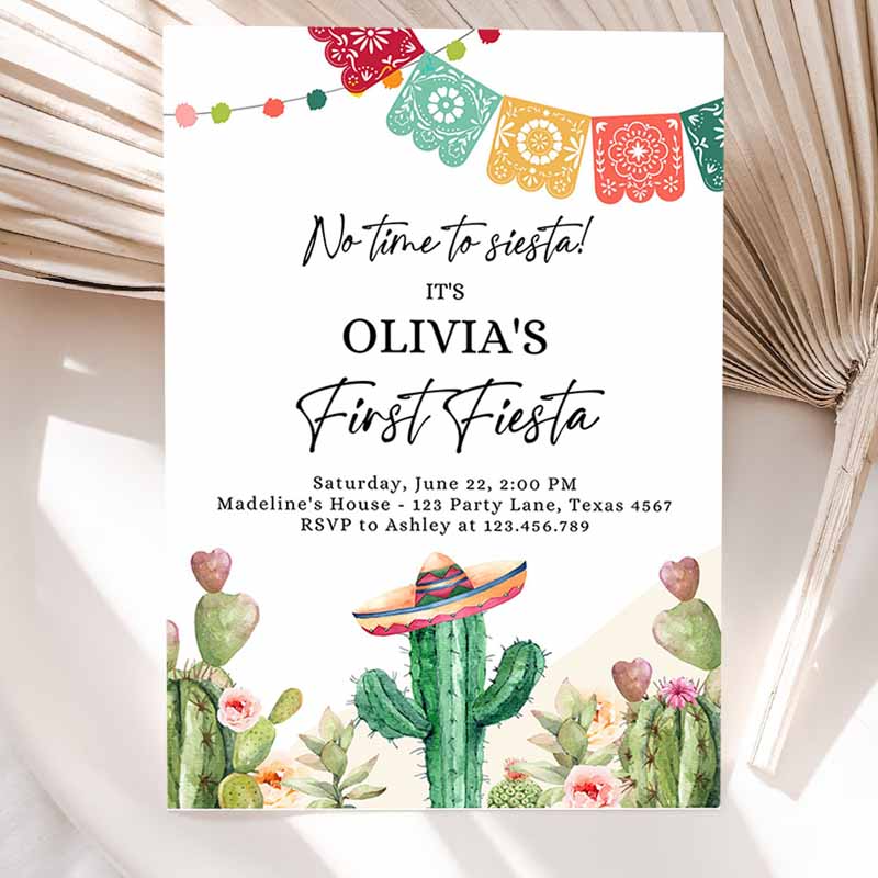 Fiesta Invitation, First Fiesta Kids Birthday, Mexican Cactus Succulent Desert Floral Girl Kids Printable Invitation