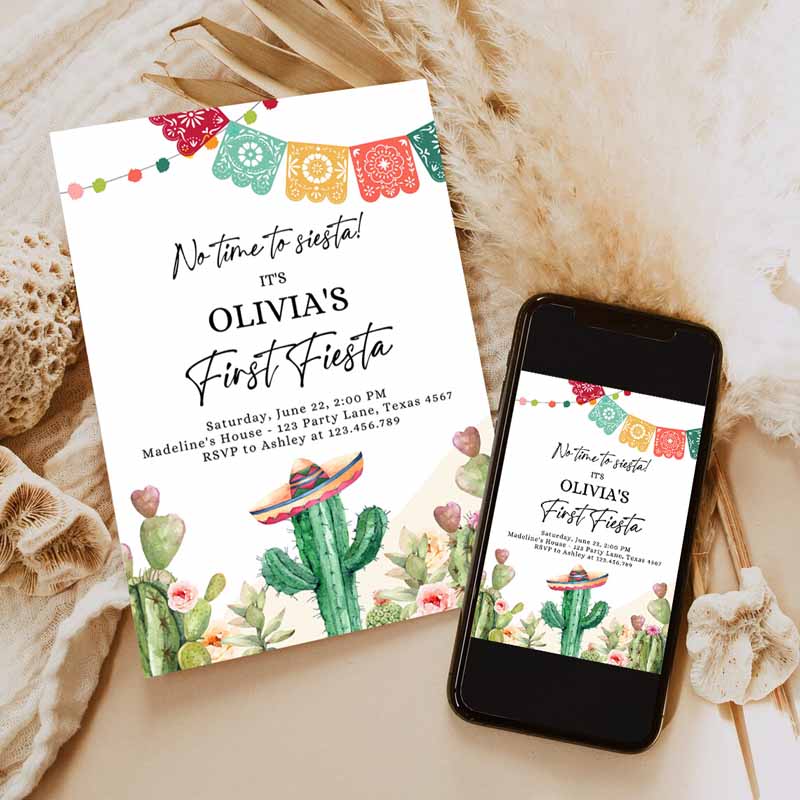 Fiesta Invitation, First Fiesta Kids Birthday, Mexican Cactus Succulent Desert Floral Girl Kids Printable Invitation