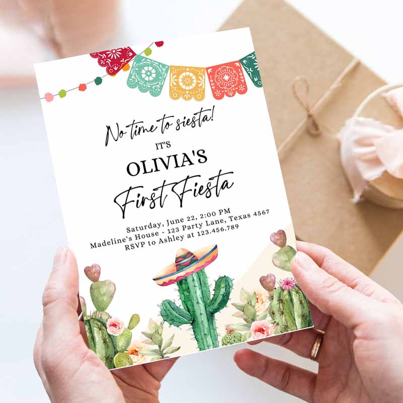 Fiesta Invitation, First Fiesta Kids Birthday, Mexican Cactus Succulent Desert Floral Girl Kids Printable Invitation