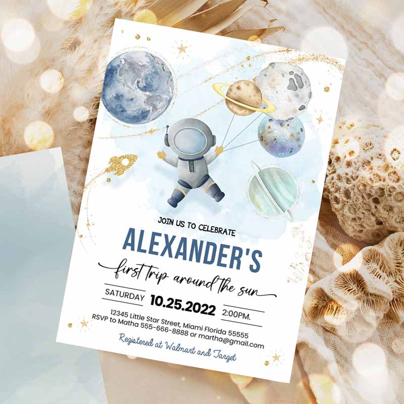 First Trip Arounde Sun Outer Space First Kids Birthday Invitation, Galaxy Blast Off Printable Invitation